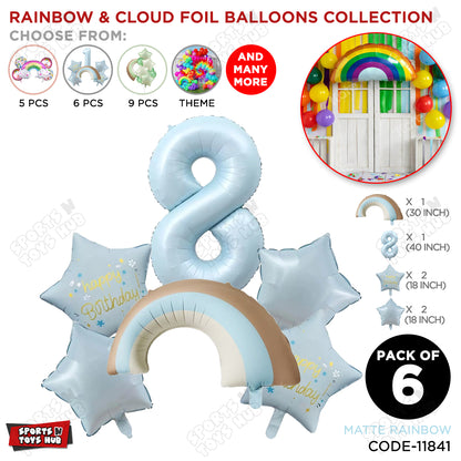 Pastel Blue Matte Color Rainbow & Cloud Pack Of 6 Set With 40 Inch Foil Number Balloons