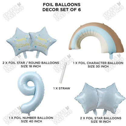Pastel Blue Matte Color Rainbow & Cloud Pack Of 6 Set With 40 Inch Foil Number Balloons