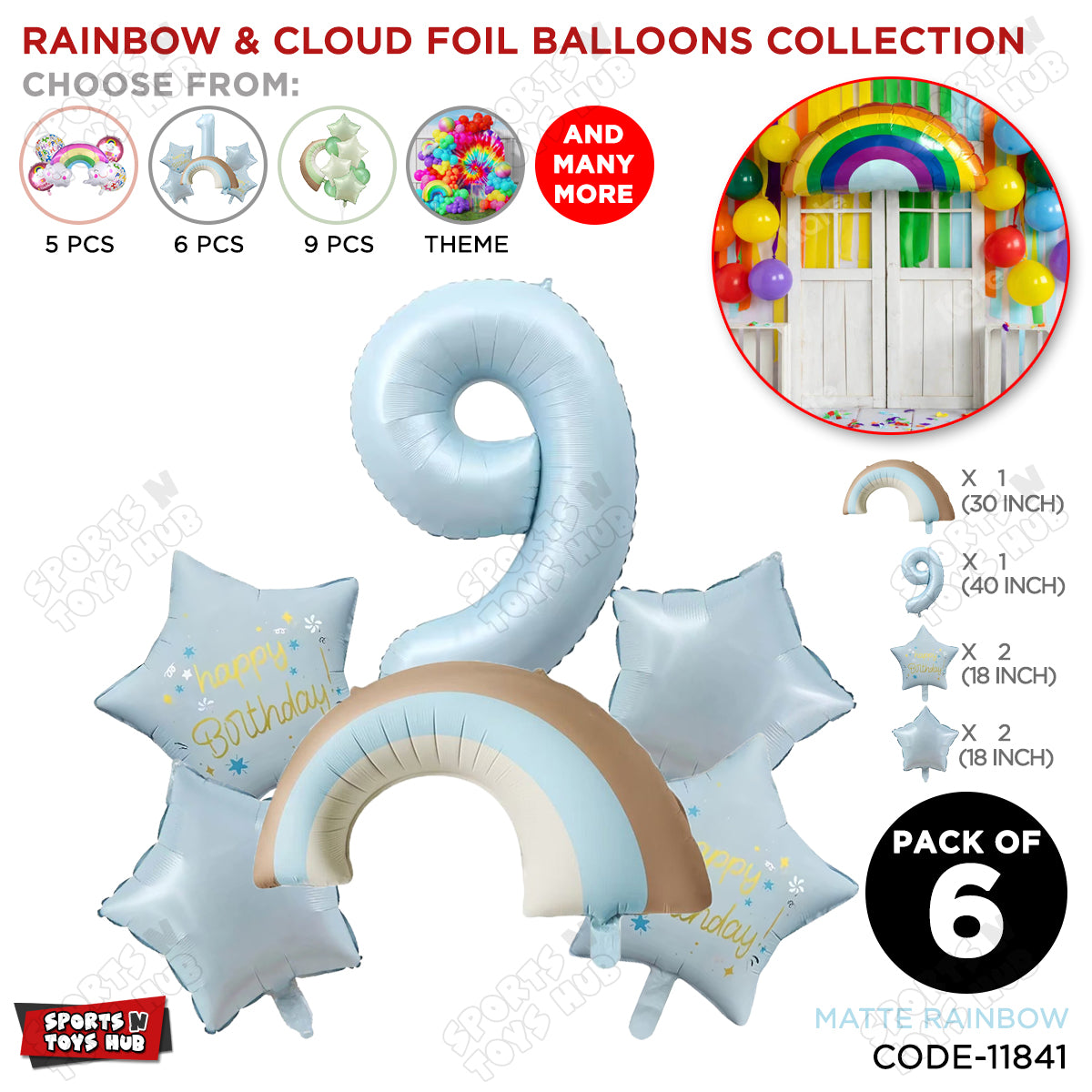Pastel Blue Matte Color Rainbow & Cloud Pack Of 6 Set With 40 Inch Foil Number Balloons