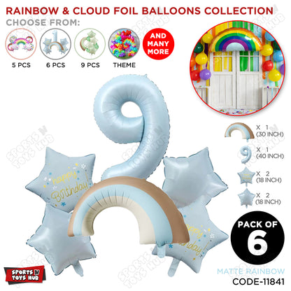 Pastel Blue Matte Color Rainbow & Cloud Pack Of 6 Set With 40 Inch Foil Number Balloons
