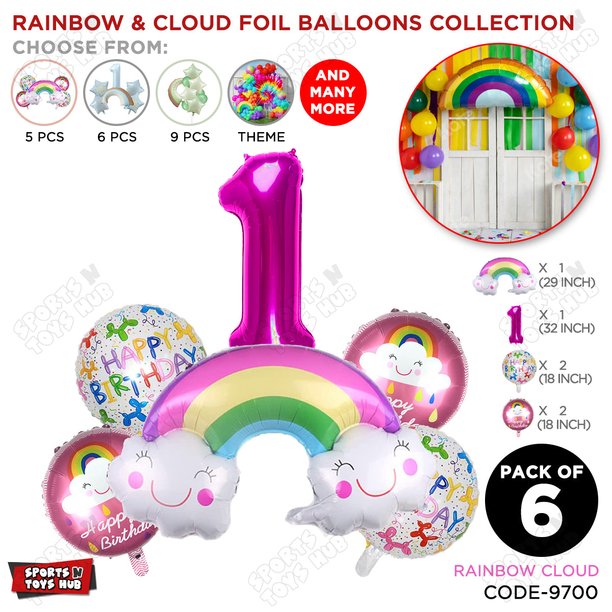 Rainbow & Cloud Foil Balloon Pack Of 6 Set With 32 Inch Foil Number Balloons