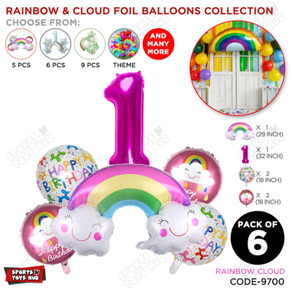 Rainbow & Cloud Foil Balloon Pack Of 6 Set With 32 Inch Foil Number Balloons