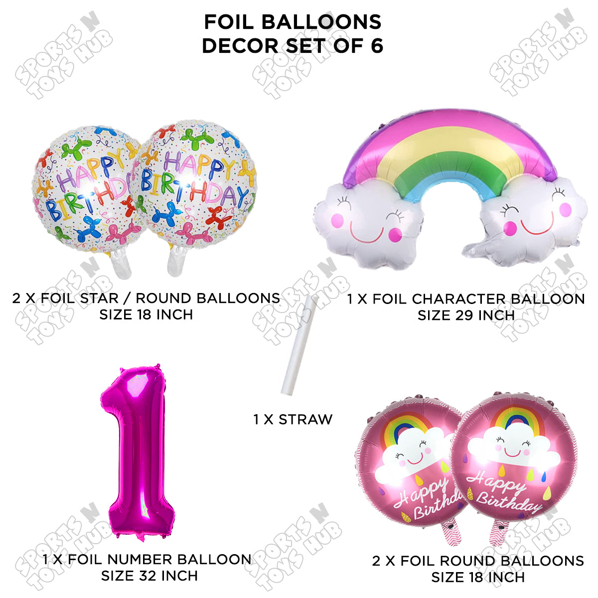 Rainbow & Cloud Foil Balloon Pack Of 6 Set With 32 Inch Foil Number Balloons