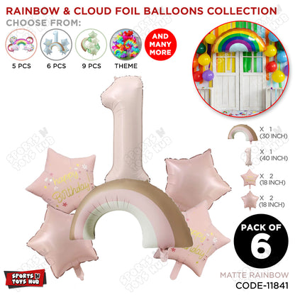Pastel Pink Matte Color Rainbow & Cloud Pack Of 6 Set With 40 Inch Foil Number Balloons