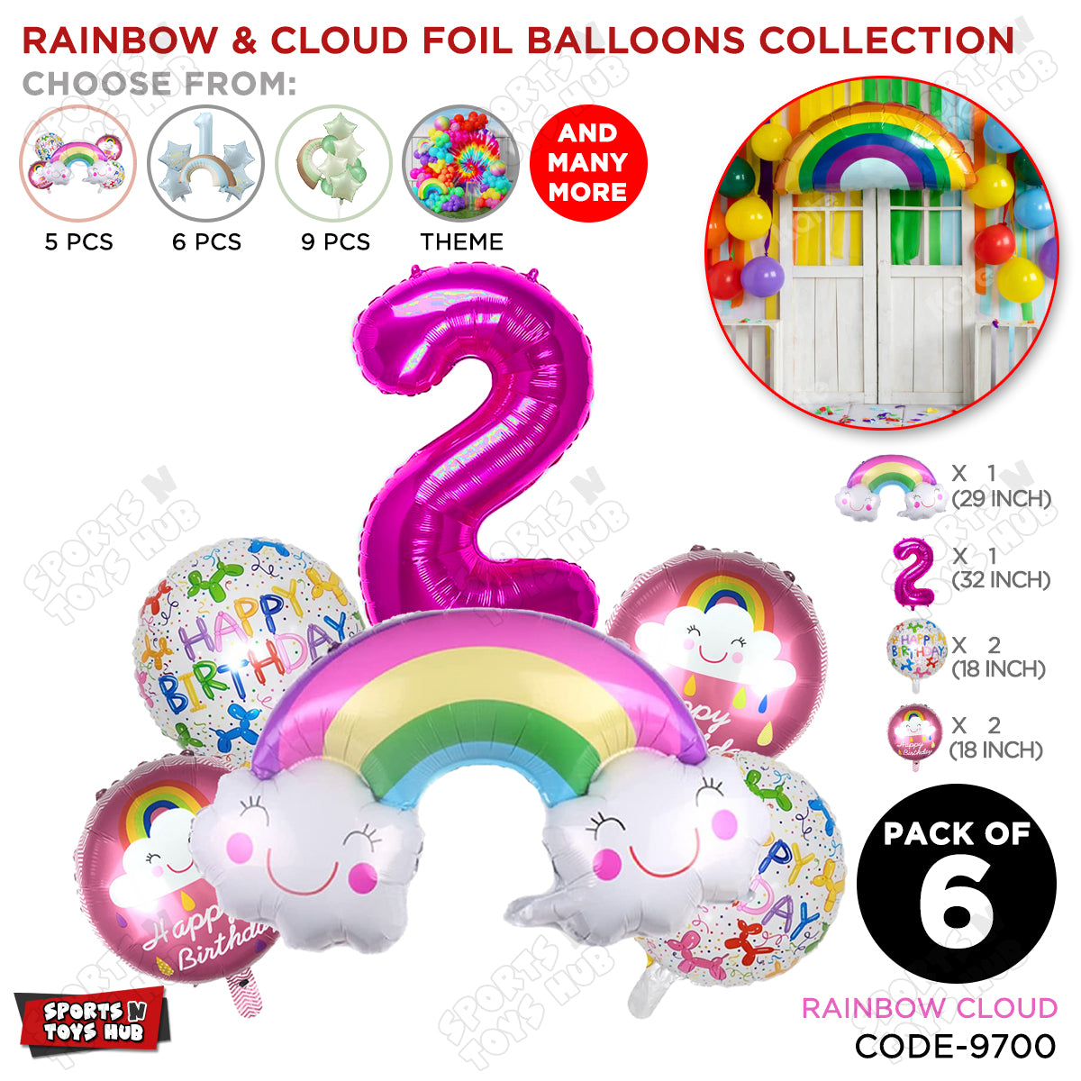 Rainbow & Cloud Foil Balloon Pack Of 6 Set With 32 Inch Foil Number Balloons