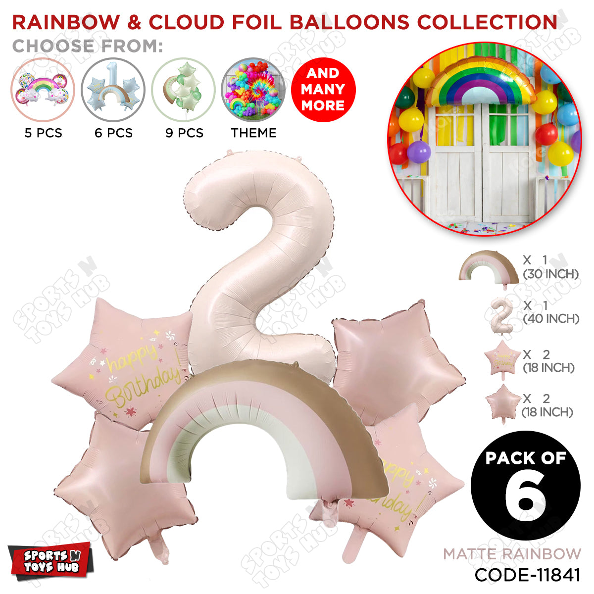 Pastel Pink Matte Color Rainbow & Cloud Pack Of 6 Set With 40 Inch Foil Number Balloons