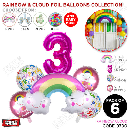 Rainbow & Cloud Foil Balloon Pack Of 6 Set With 32 Inch Foil Number Balloons
