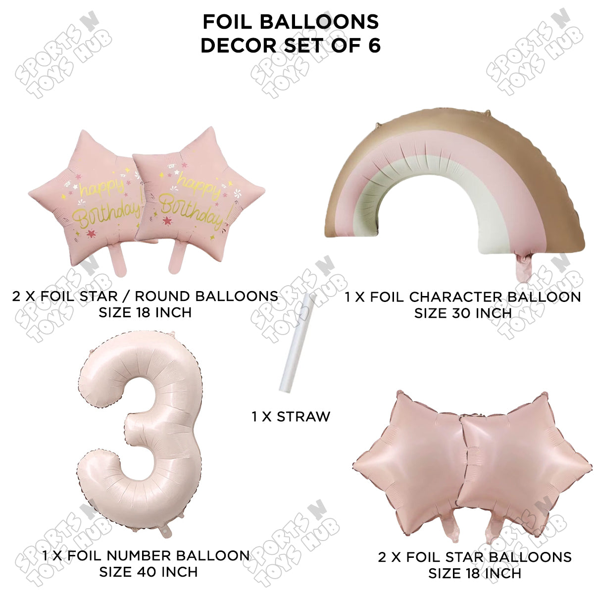 Pastel Pink Matte Color Rainbow & Cloud Pack Of 6 Set With 40 Inch Foil Number Balloons
