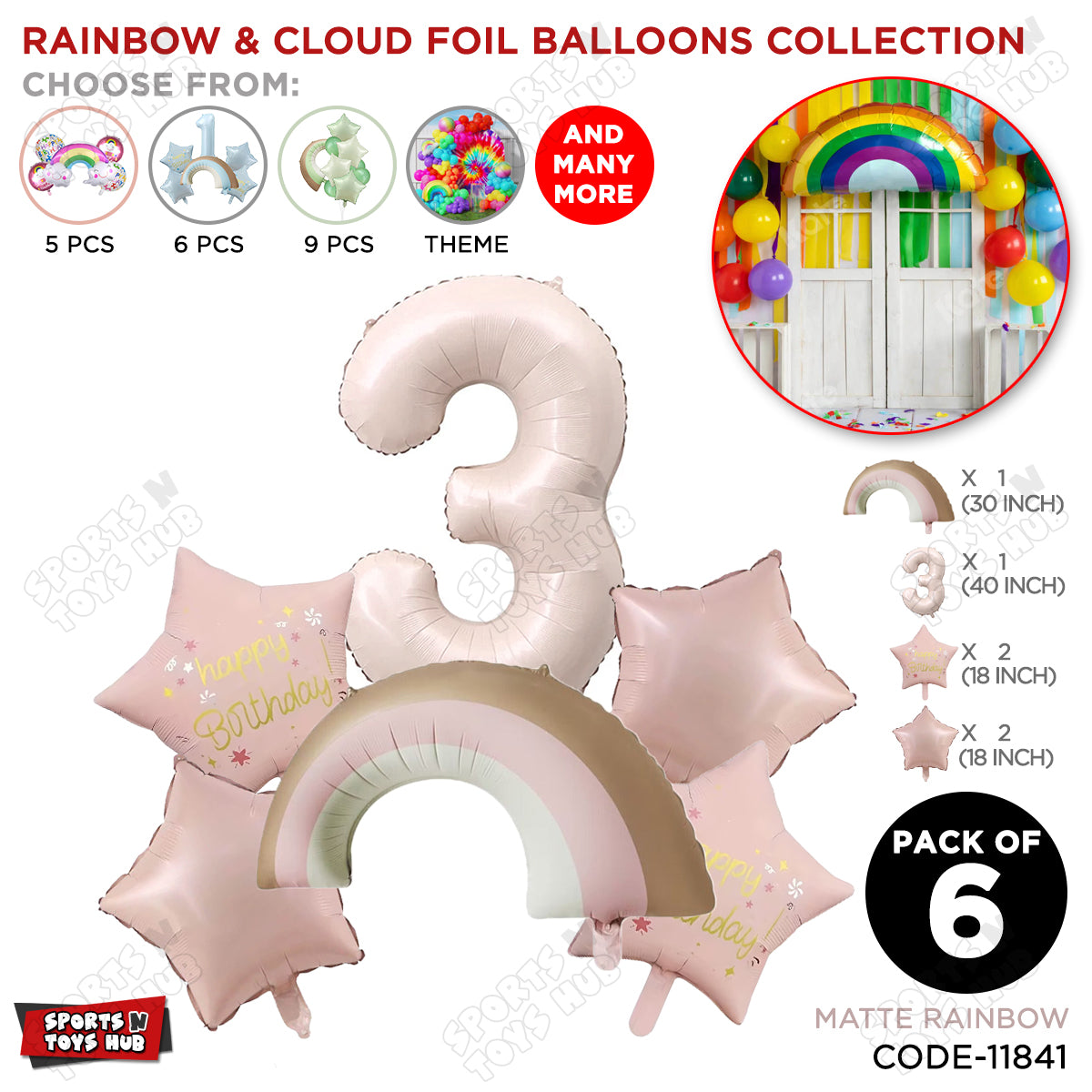 Pastel Pink Matte Color Rainbow & Cloud Pack Of 6 Set With 40 Inch Foil Number Balloons
