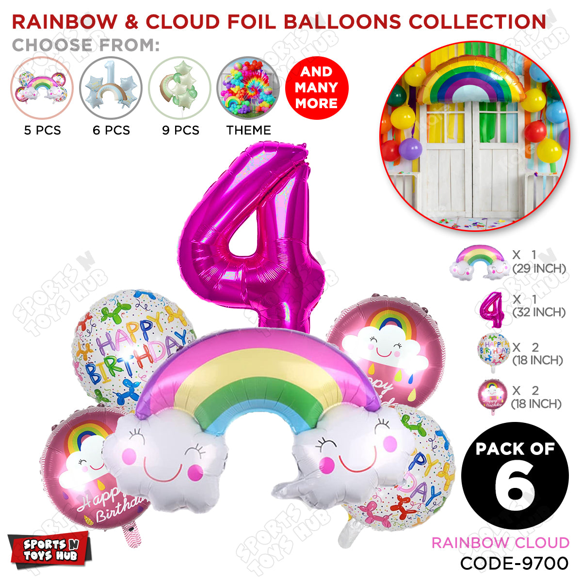 Rainbow & Cloud Foil Balloon Pack Of 6 Set With 32 Inch Foil Number Balloons