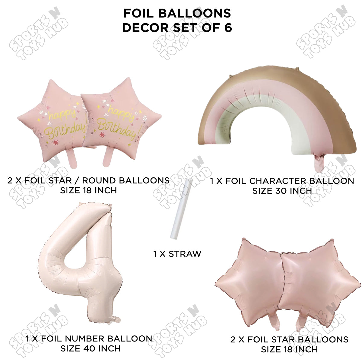 Pastel Pink Matte Color Rainbow & Cloud Pack Of 6 Set With 40 Inch Foil Number Balloons