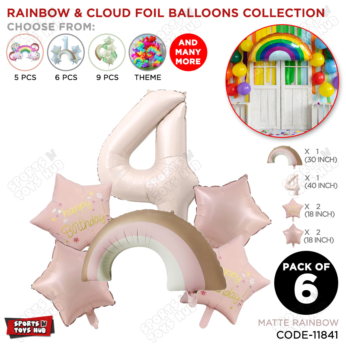 Pastel Pink Matte Color Rainbow & Cloud Pack Of 6 Set With 40 Inch Foil Number Balloons
