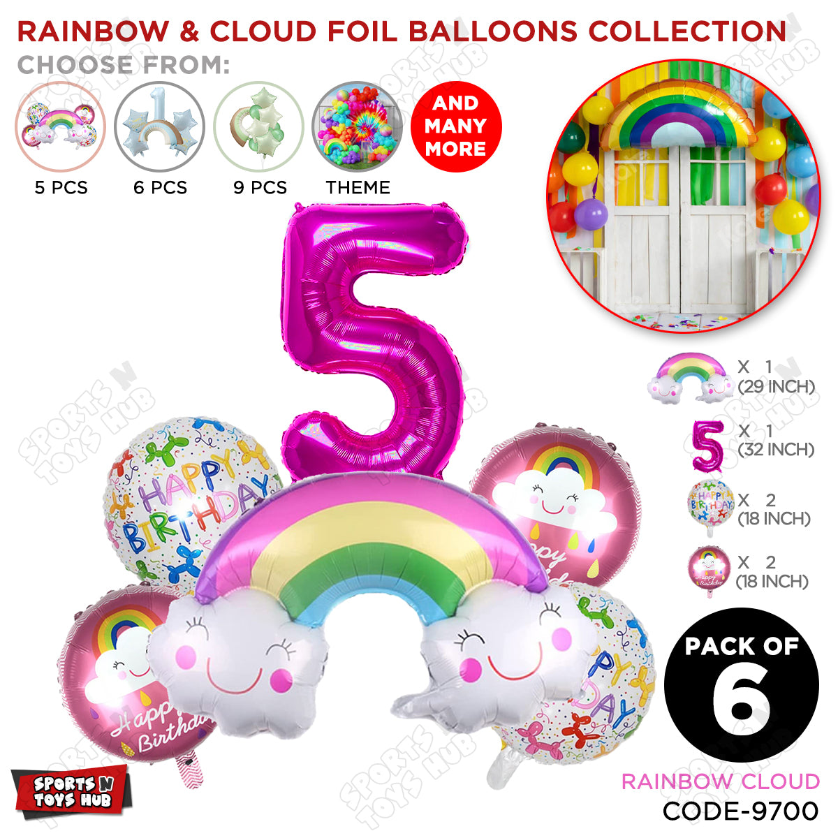 Rainbow & Cloud Foil Balloon Pack Of 6 Set With 32 Inch Foil Number Balloons