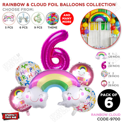 Rainbow & Cloud Foil Balloon Pack Of 6 Set With 32 Inch Foil Number Balloons