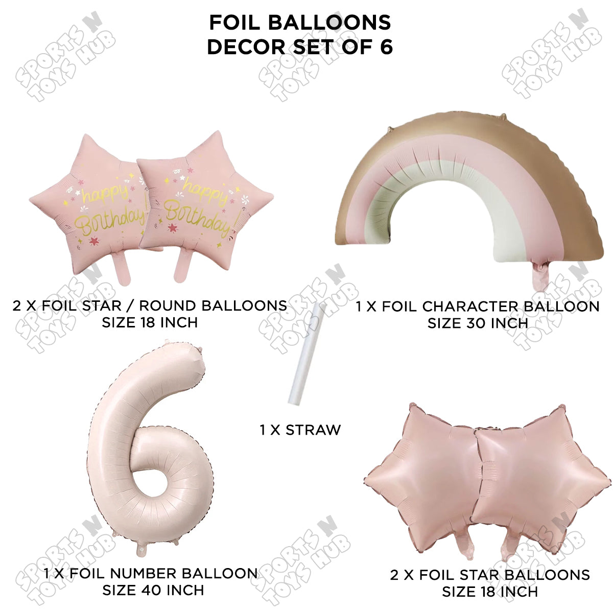 Pastel Pink Matte Color Rainbow & Cloud Pack Of 6 Set With 40 Inch Foil Number Balloons