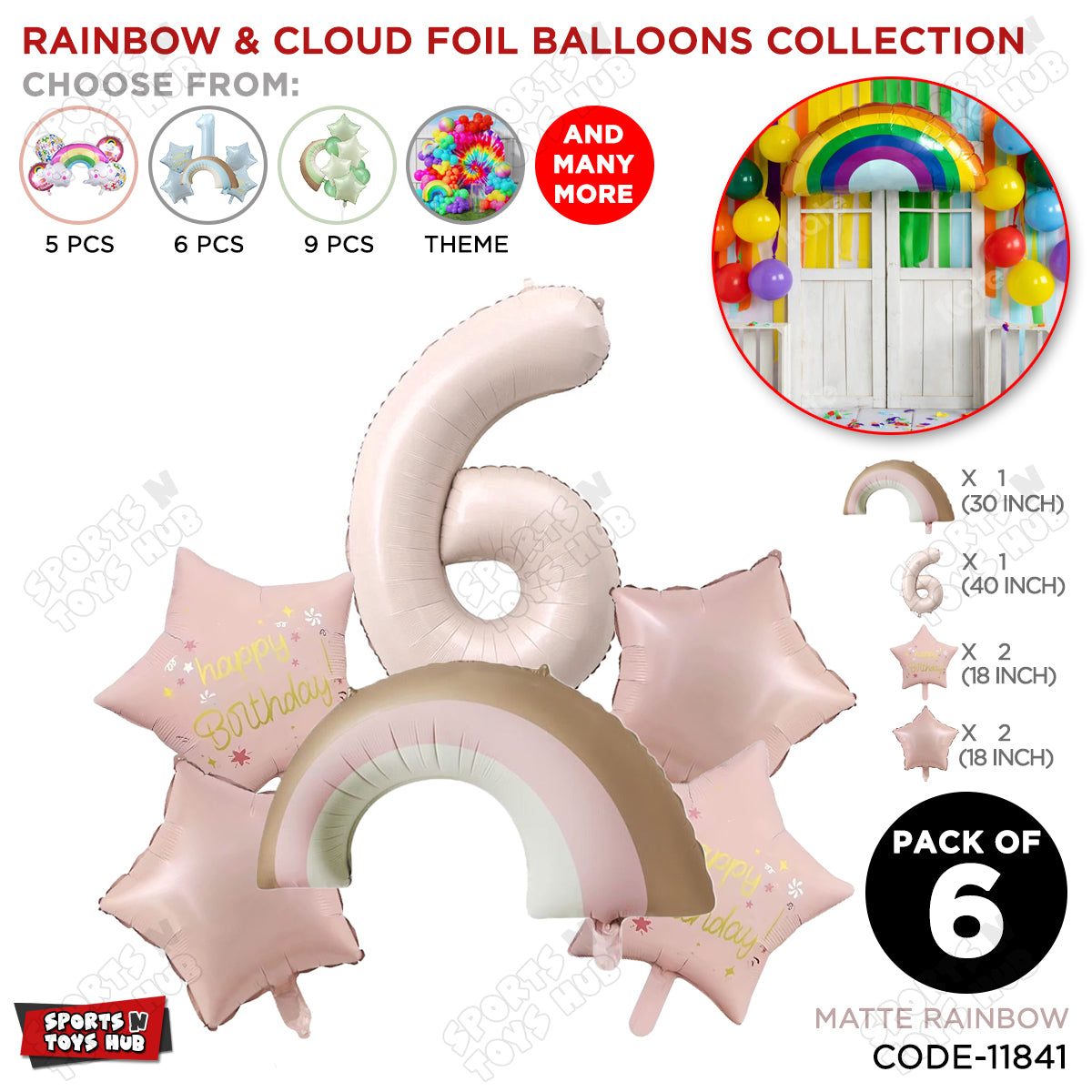 Pastel Pink Matte Color Rainbow & Cloud Pack Of 6 Set With 40 Inch Foil Number Balloons