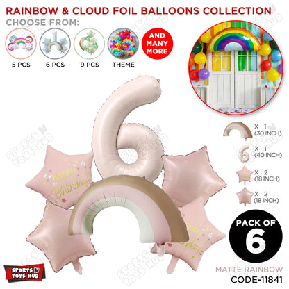 Pastel Pink Matte Color Rainbow & Cloud Pack Of 6 Set With 40 Inch Foil Number Balloons