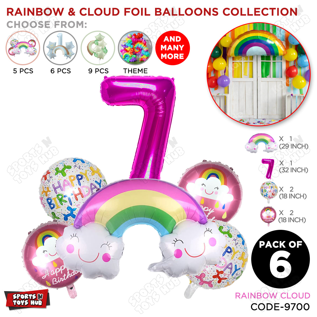 Rainbow & Cloud Foil Balloon Pack Of 6 Set With 32 Inch Foil Number Balloons