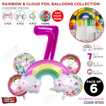 Rainbow & Cloud Foil Balloon Pack Of 6 Set With 32 Inch Foil Number Balloons
