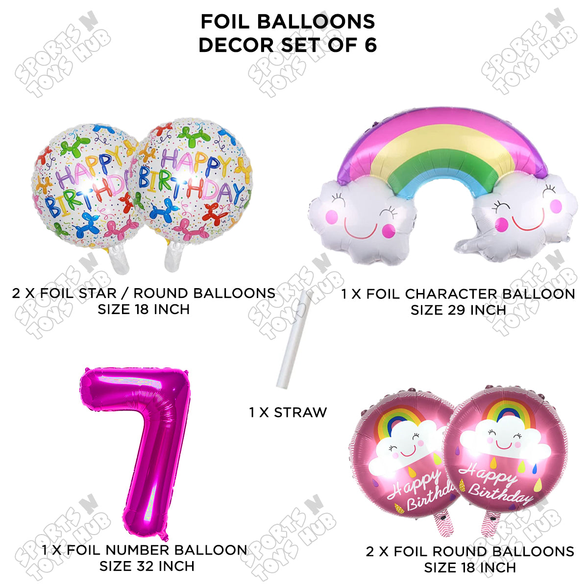 Rainbow & Cloud Foil Balloon Pack Of 6 Set With 32 Inch Foil Number Balloons