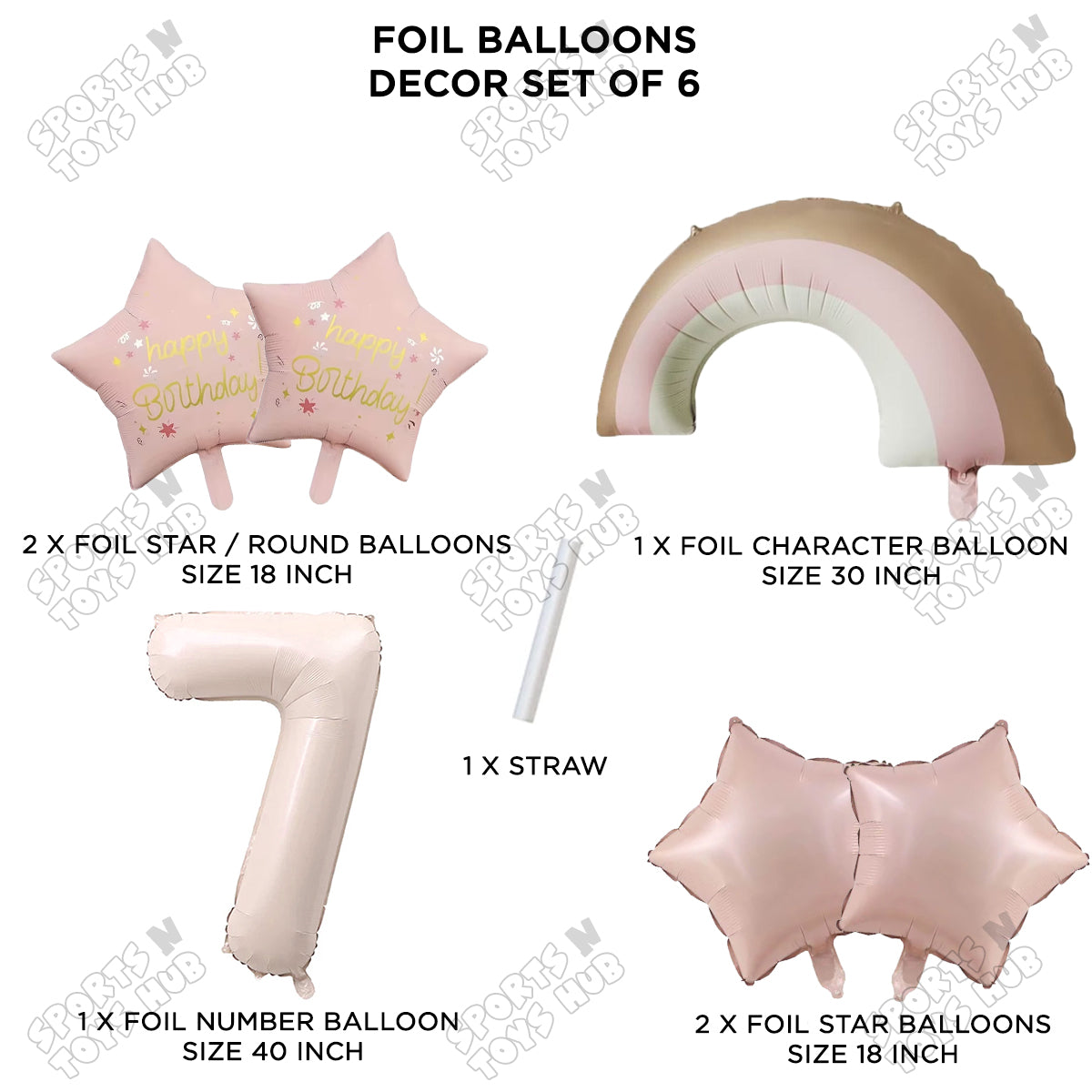 Pastel Pink Matte Color Rainbow & Cloud Pack Of 6 Set With 40 Inch Foil Number Balloons