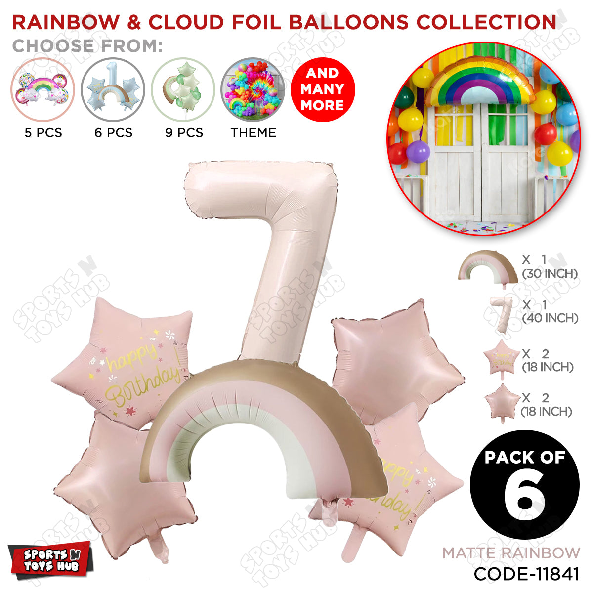 Pastel Pink Matte Color Rainbow & Cloud Pack Of 6 Set With 40 Inch Foil Number Balloons