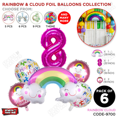 Rainbow & Cloud Foil Balloon Pack Of 6 Set With 32 Inch Foil Number Balloons