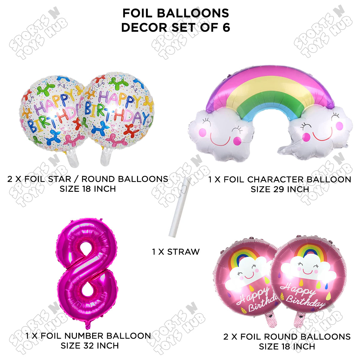 Rainbow & Cloud Foil Balloon Pack Of 6 Set With 32 Inch Foil Number Balloons