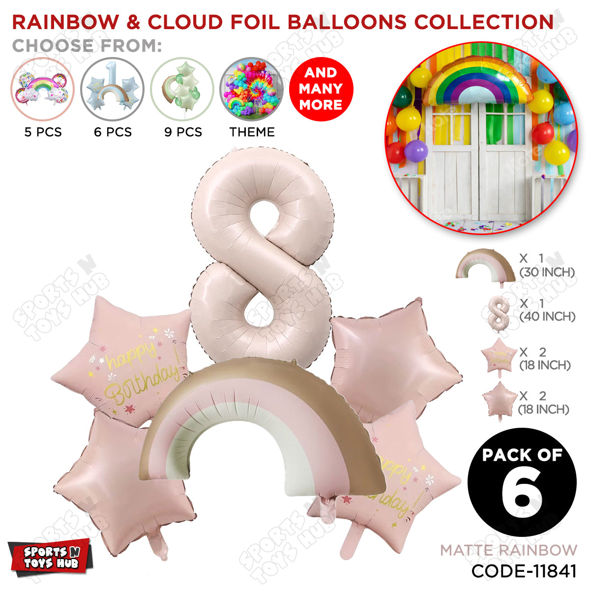 Pastel Pink Matte Color Rainbow & Cloud Pack Of 6 Set With 40 Inch Foil Number Balloons