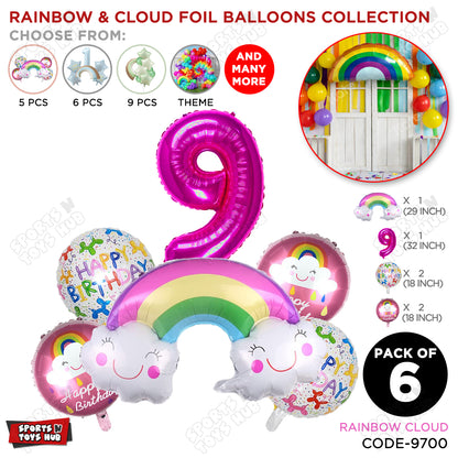 Rainbow & Cloud Foil Balloon Pack Of 6 Set With 32 Inch Foil Number Balloons