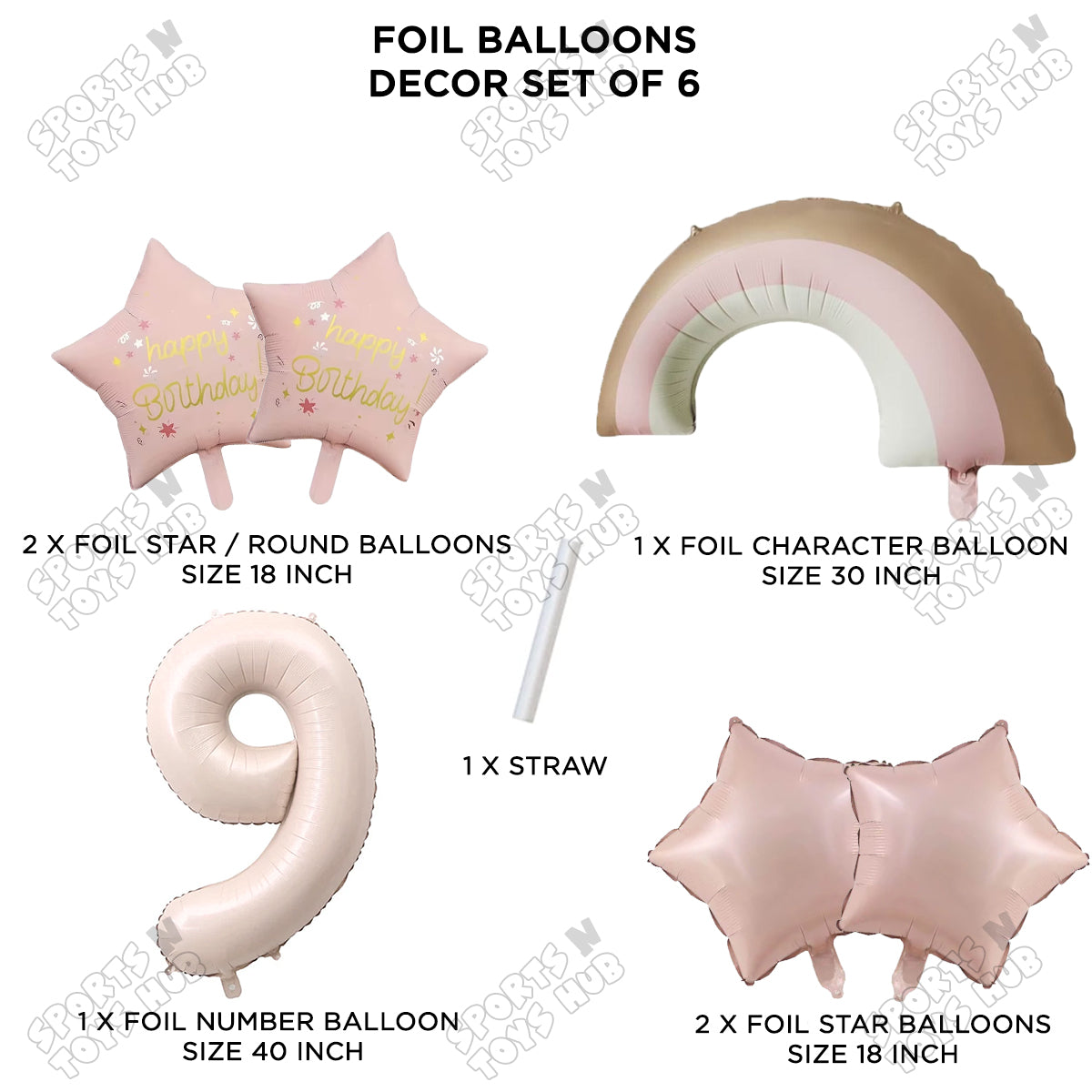 Pastel Pink Matte Color Rainbow & Cloud Pack Of 6 Set With 40 Inch Foil Number Balloons