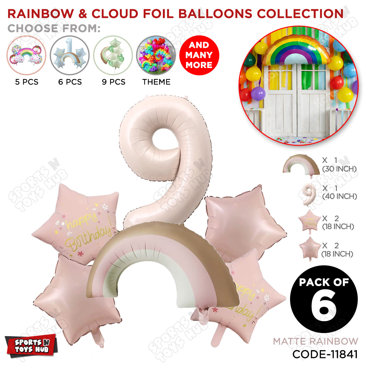 Pastel Pink Matte Color Rainbow & Cloud Pack Of 6 Set With 40 Inch Foil Number Balloons