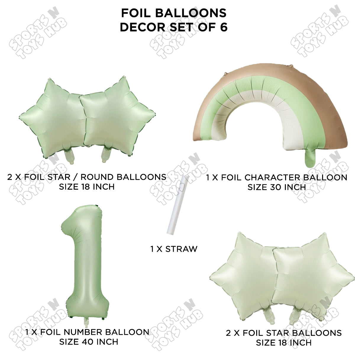 Pastel Green Matte Color Rainbow & Cloud Pack Of 6 Set With 40 Inch Foil Number Balloons