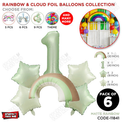 Pastel Green Matte Color Rainbow & Cloud Pack Of 6 Set With 40 Inch Foil Number Balloons