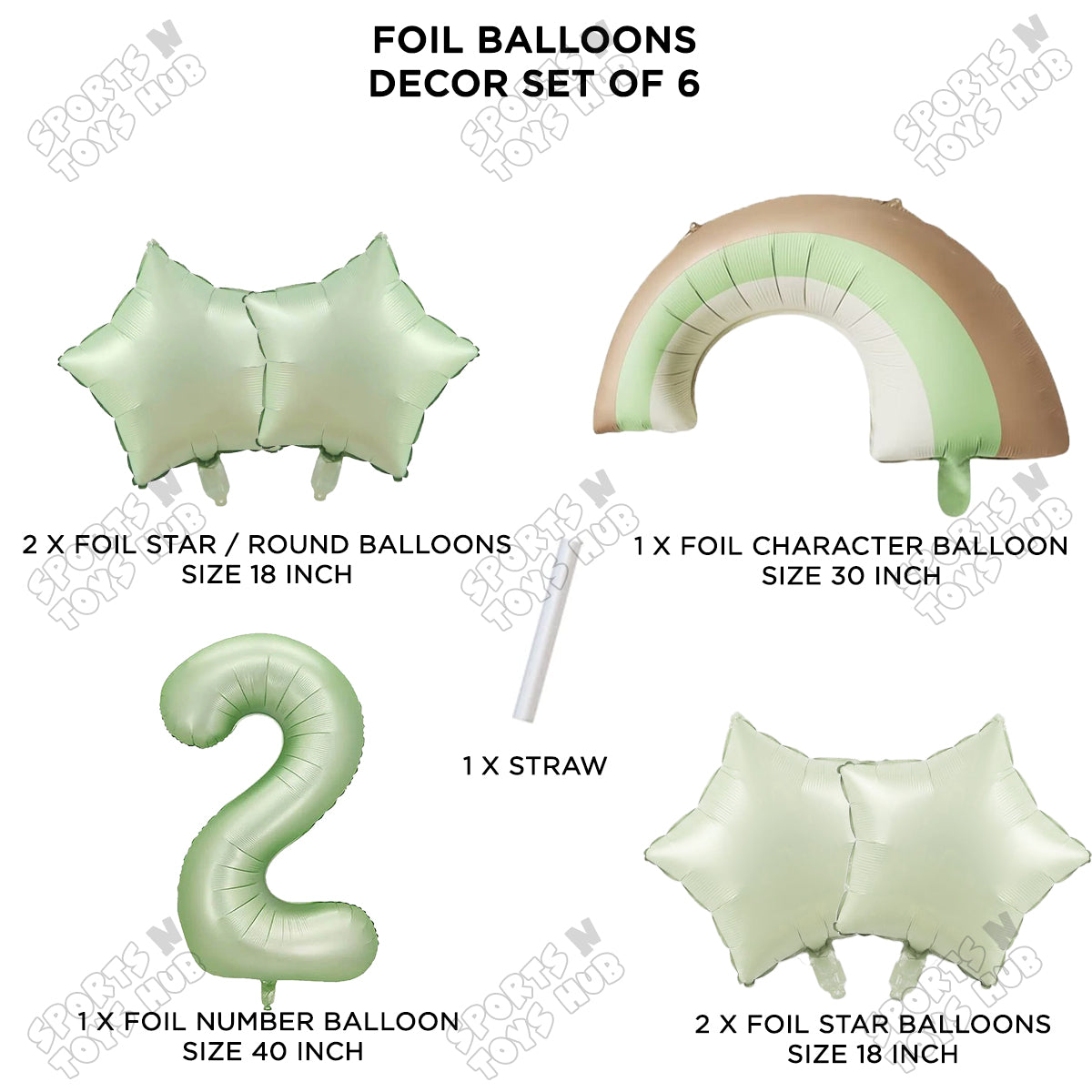 Pastel Green Matte Color Rainbow & Cloud Pack Of 6 Set With 40 Inch Foil Number Balloons