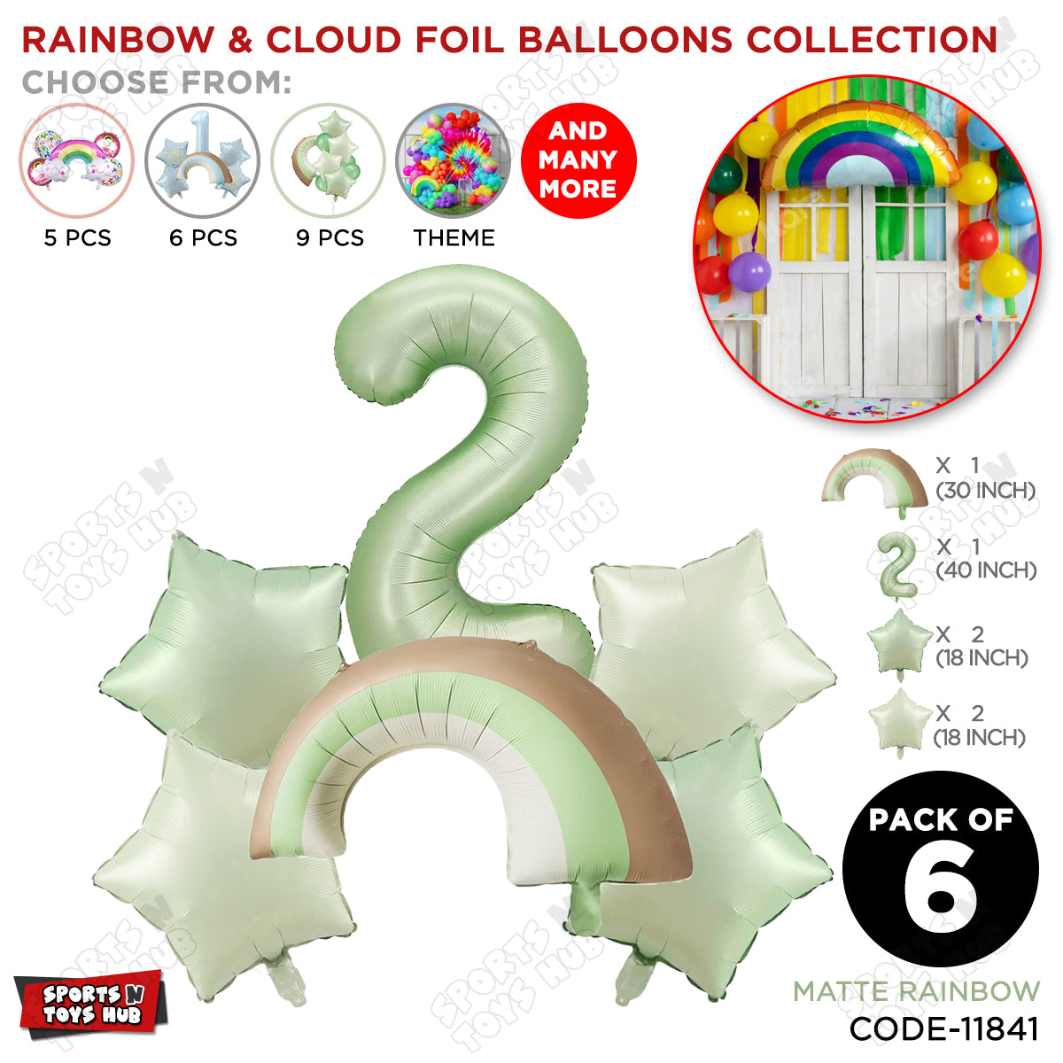 Pastel Green Matte Color Rainbow & Cloud Pack Of 6 Set With 40 Inch Foil Number Balloons