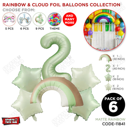 Pastel Green Matte Color Rainbow & Cloud Pack Of 6 Set With 40 Inch Foil Number Balloons
