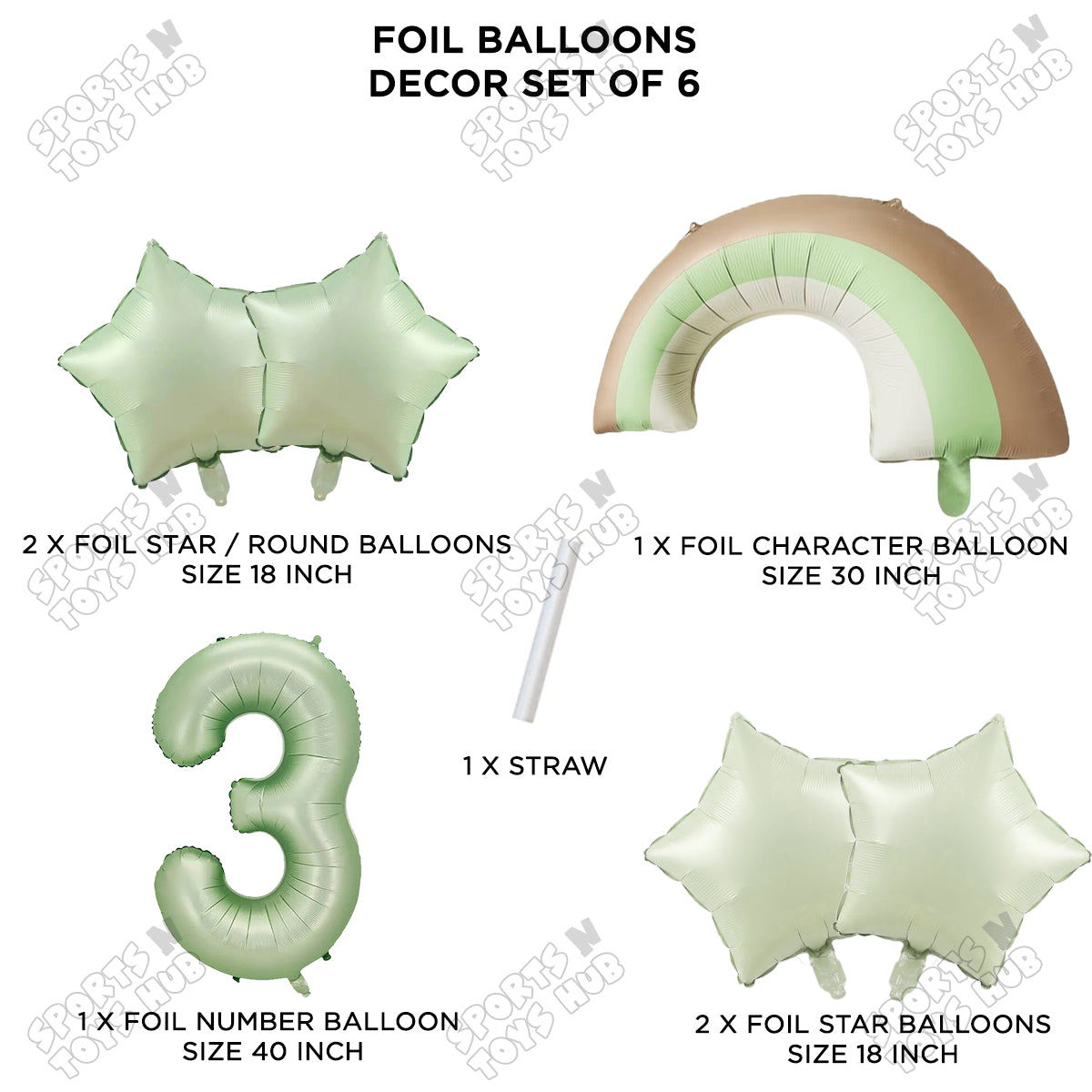 Pastel Green Matte Color Rainbow & Cloud Pack Of 6 Set With 40 Inch Foil Number Balloons