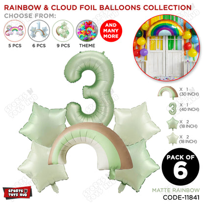 Pastel Green Matte Color Rainbow & Cloud Pack Of 6 Set With 40 Inch Foil Number Balloons