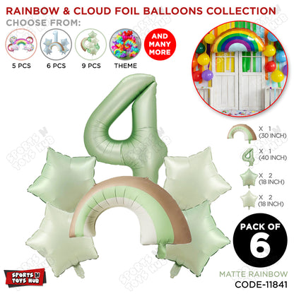 Pastel Green Matte Color Rainbow & Cloud Pack Of 6 Set With 40 Inch Foil Number Balloons