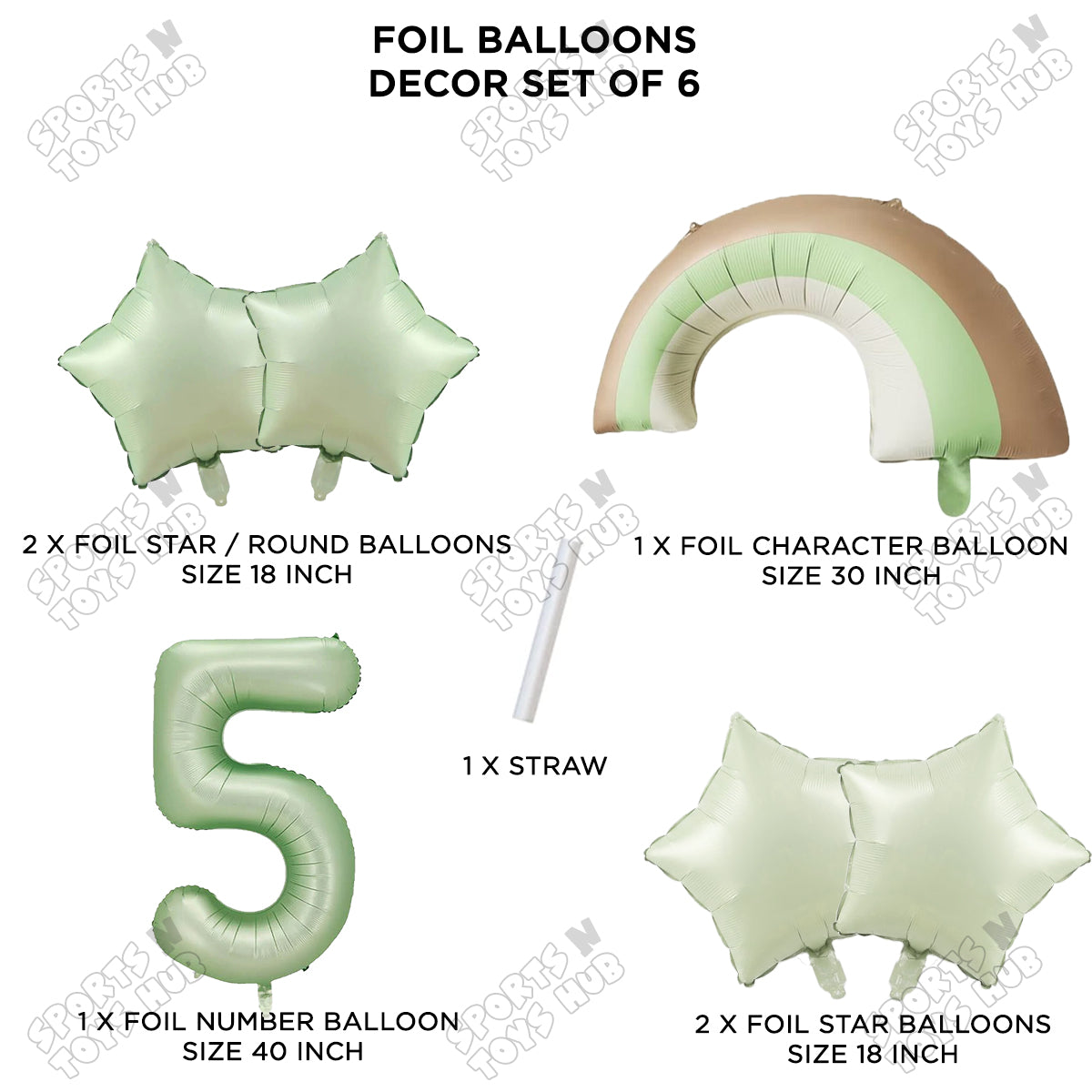 Pastel Green Matte Color Rainbow & Cloud Pack Of 6 Set With 40 Inch Foil Number Balloons