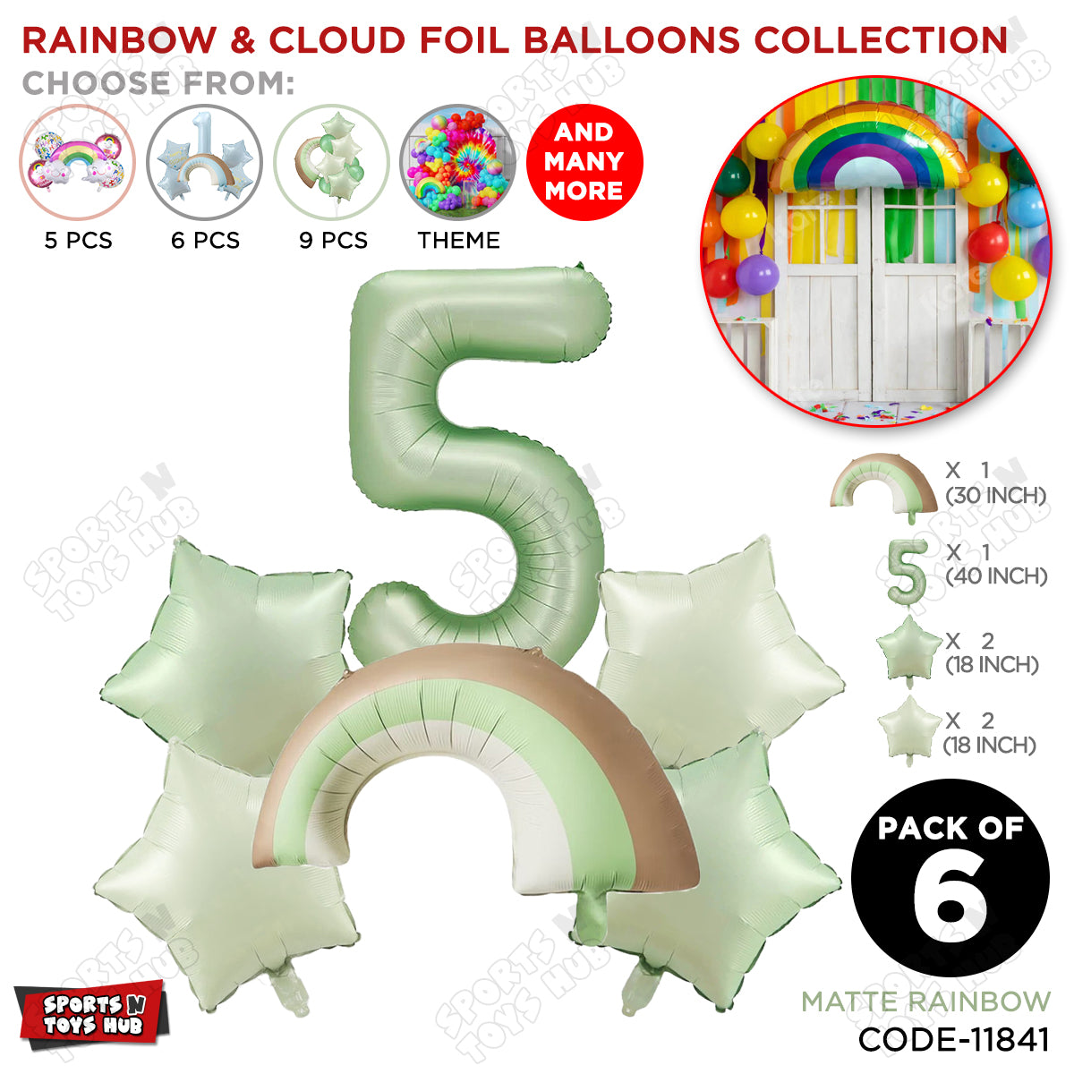 Pastel Green Matte Color Rainbow & Cloud Pack Of 6 Set With 40 Inch Foil Number Balloons