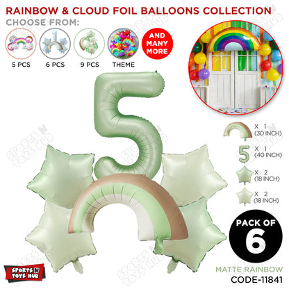 Pastel Green Matte Color Rainbow & Cloud Pack Of 6 Set With 40 Inch Foil Number Balloons