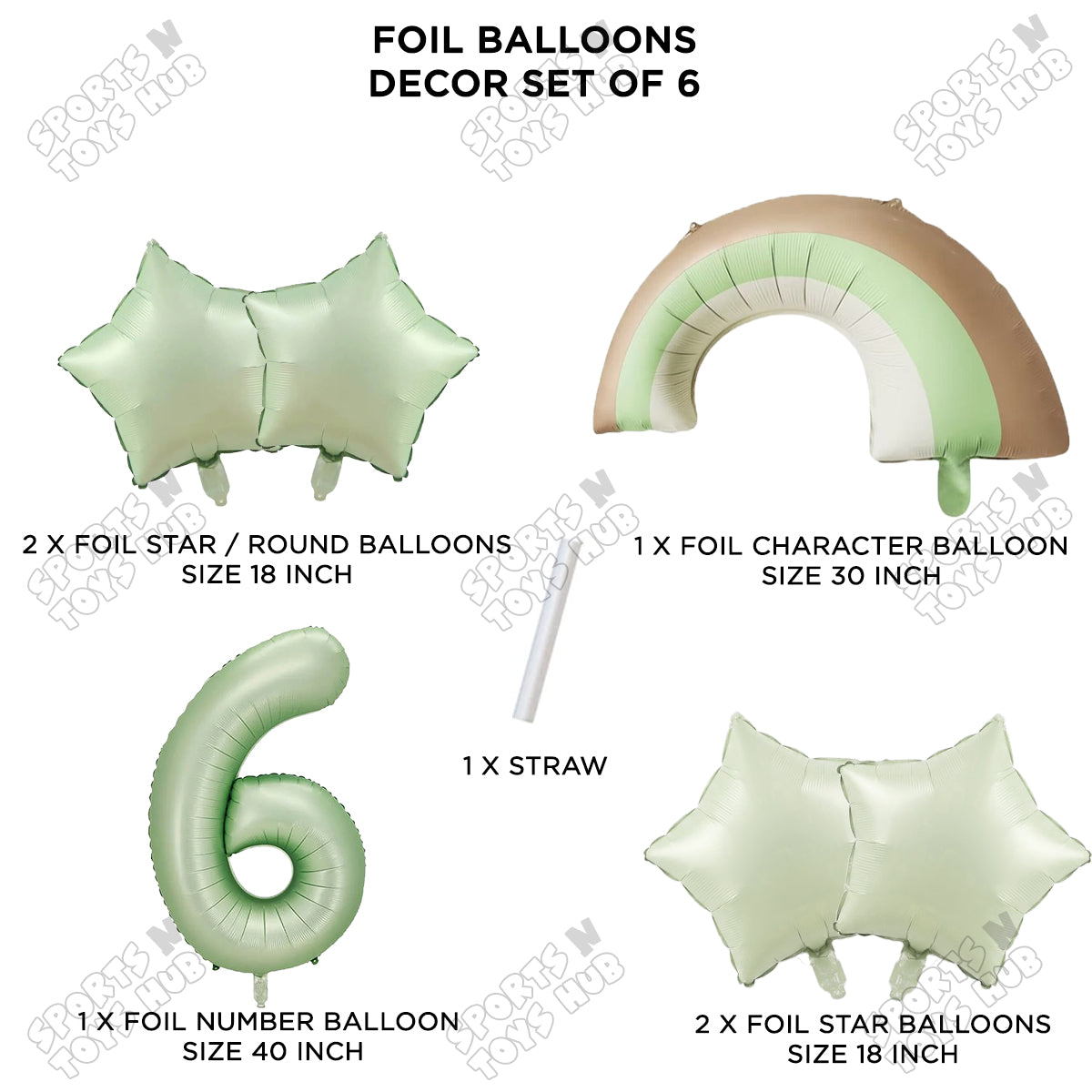 Pastel Green Matte Color Rainbow & Cloud Pack Of 6 Set With 40 Inch Foil Number Balloons