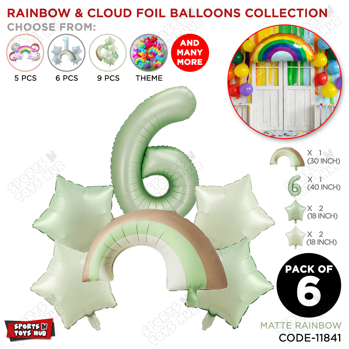 Pastel Green Matte Color Rainbow & Cloud Pack Of 6 Set With 40 Inch Foil Number Balloons