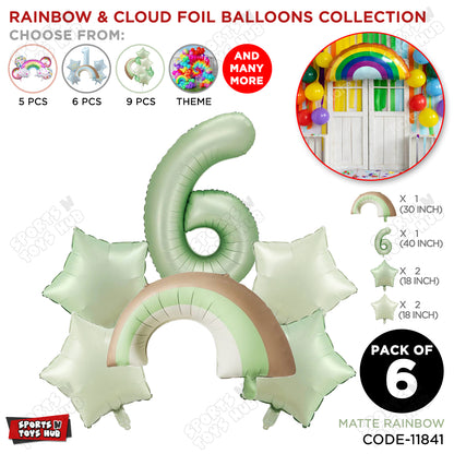 Pastel Green Matte Color Rainbow & Cloud Pack Of 6 Set With 40 Inch Foil Number Balloons