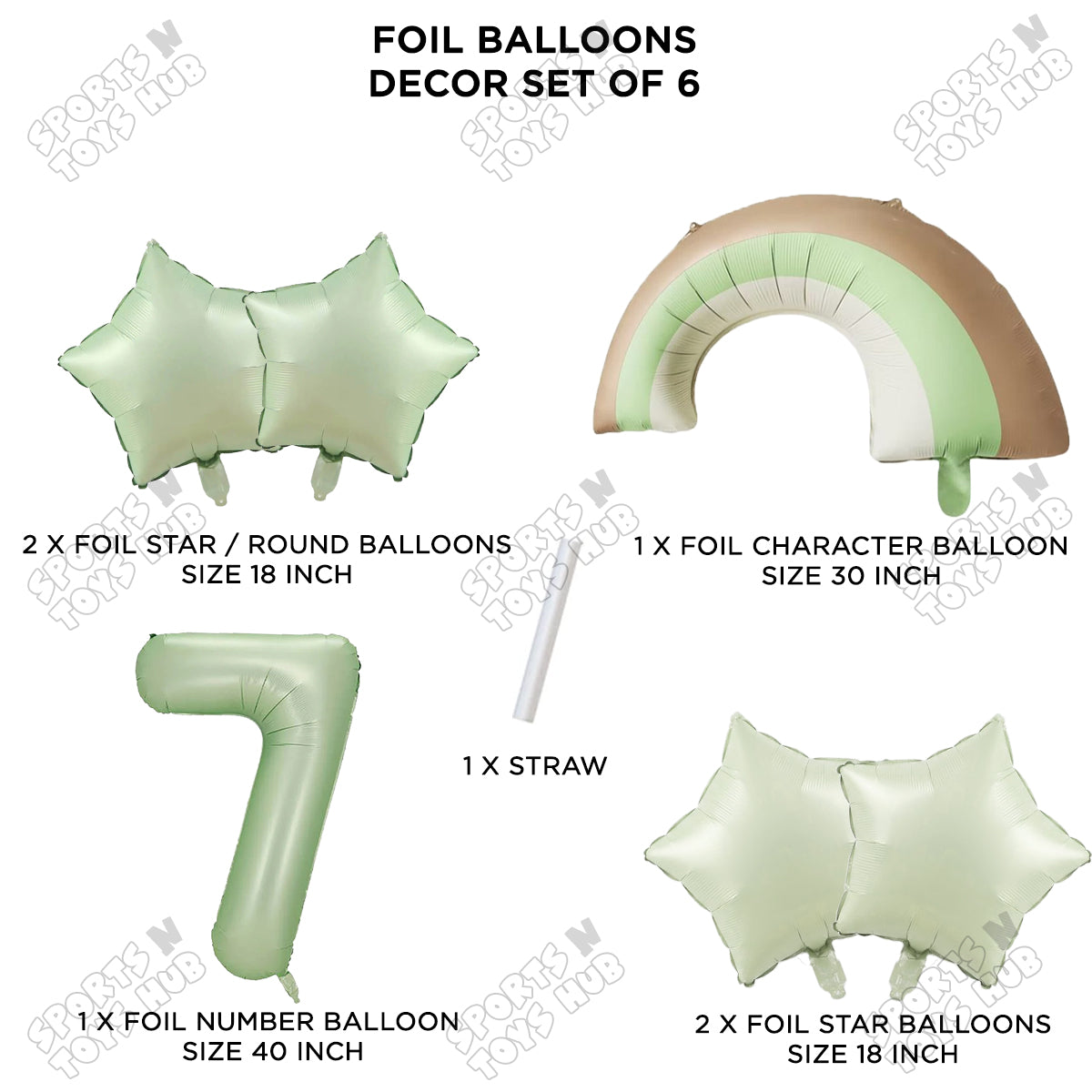 Pastel Green Matte Color Rainbow & Cloud Pack Of 6 Set With 40 Inch Foil Number Balloons