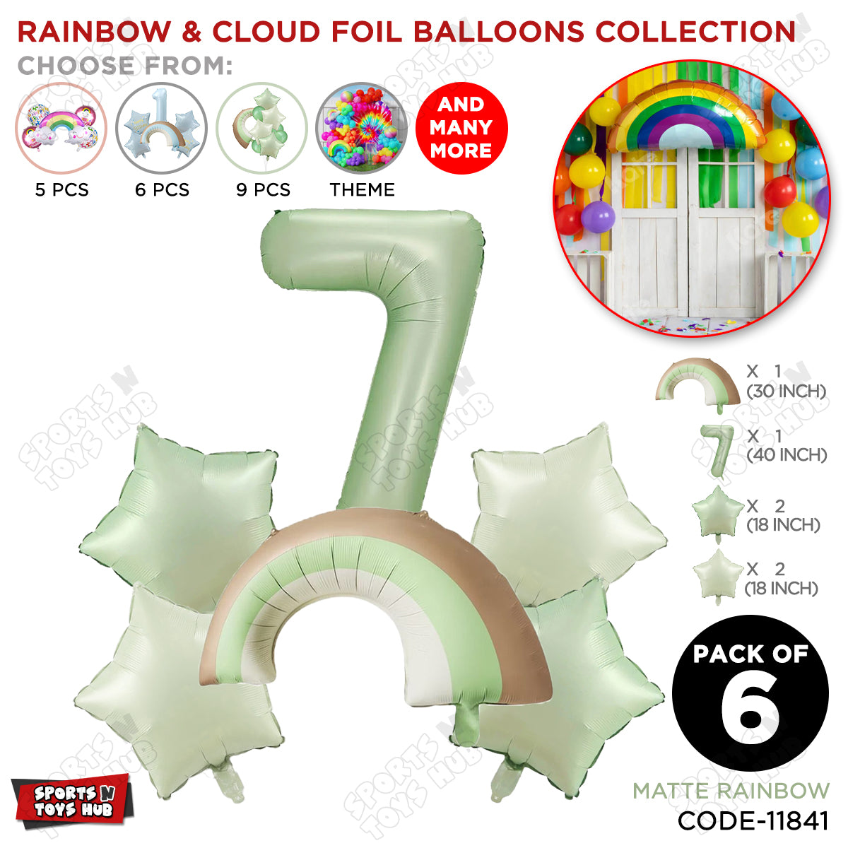 Pastel Green Matte Color Rainbow & Cloud Pack Of 6 Set With 40 Inch Foil Number Balloons