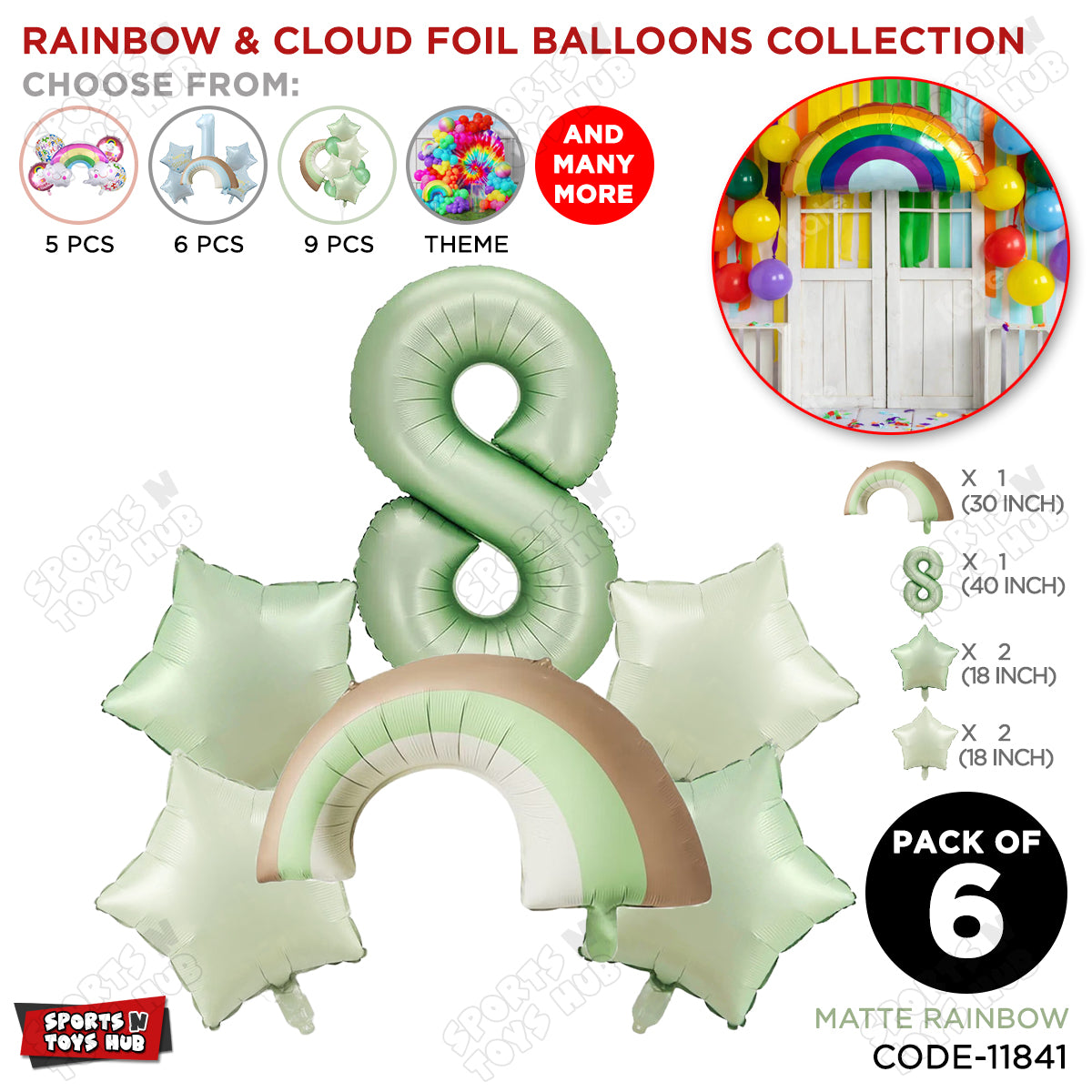 Pastel Green Matte Color Rainbow & Cloud Pack Of 6 Set With 40 Inch Foil Number Balloons