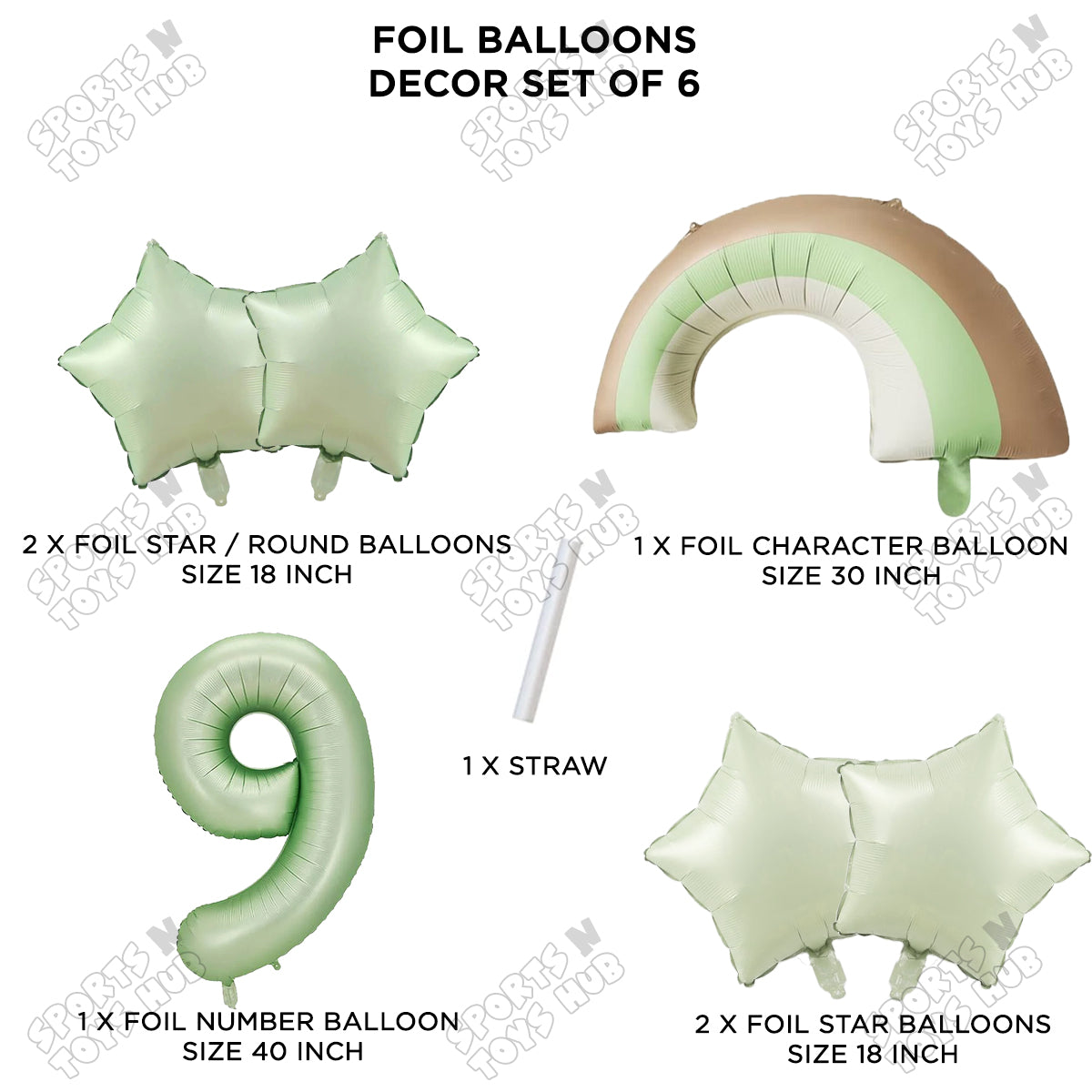 Pastel Green Matte Color Rainbow & Cloud Pack Of 6 Set With 40 Inch Foil Number Balloons